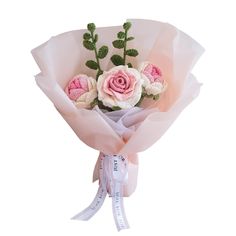 a bouquet of flowers with pink and white roses in it's wrapper on a white background