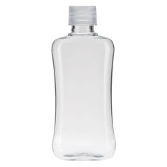 a clear glass bottle with a white cap