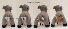 the stuffed animal is being held by its owner's legs and back, with three different positions to put it on