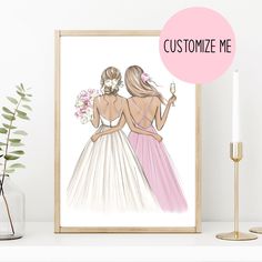 two women in wedding dresses are looking at each other with the words customize me above them