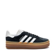 Womens adidas Gazelle Bold Athletic Shoe - Core Black / Cloud White Adidas Logo Leather Lace-up Platform Sneakers, Adidas High-top Leather Platform Sneakers, High-top Leather Platform Sneakers With Adidas Logo, Low-top Suede Sneakers With Three Stripes, Suede Low-top Sneakers With Three Stripes, Adidas Gazelle Bold Black, Suede Sneakers With Three Stripes For Streetwear, Black Gazelle Adidas Outfit, Black Adidas Gazelle