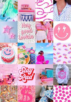 a collage of pink and blue images with different designs on them, such as stars