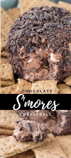 chocolate s'mores cheese ball on top of crackers with the title above it