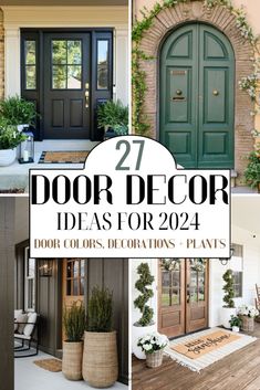 the front door is decorated with green plants and potted plants, and there are two doors