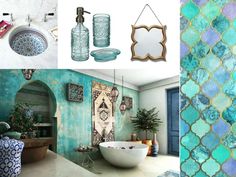 the bathroom is decorated in blue and green colors, including an oval bathtub with decorative tiles on it