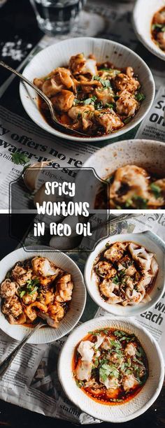 several plates of food with words spicy wontons in red oil