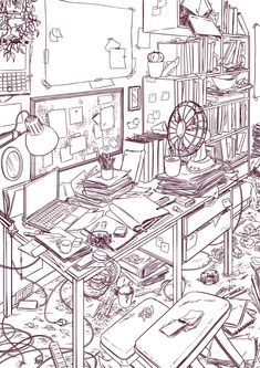 Messy dirty writer's room drawing Library Room Reference Drawing, Bookshelf Perspective Drawing, Cluttered Bedroom Drawing, Messy Room Drawing Reference, Detailed Room Drawing, Messy Room Painting, Messy Room Aesthetic Drawing, Drawing Room Reference, Cluttered Desk Drawing