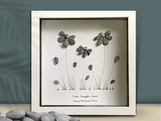 some rocks and flowers in a white frame