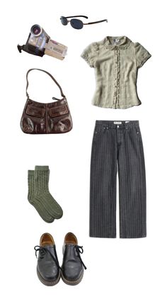 an assortment of clothing and accessories including shoes