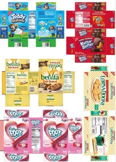 several packages of food are shown in different colors and sizes, including one with the word betty