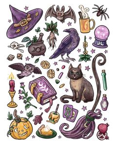 an image of halloween stickers with cats and witches on them, including bats, pumpkins