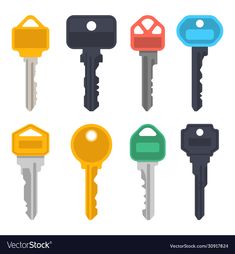 six keys in different colors on a white background