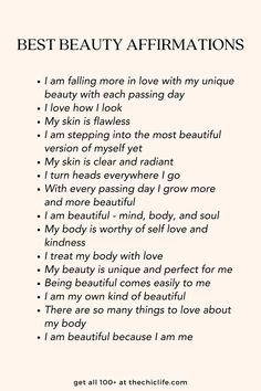 the best beauty affirmations list is shown in black and white with text