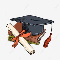 a graduation cap and diploma on top of books