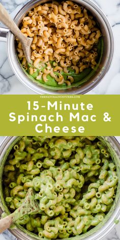 spinach macaroni and cheese in a pot with text overlay