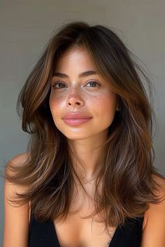 These layered cuts offer a youthful charm, complemented by chestnut highlights and soft bangs. Women Haircut With Layers, Haircut Shoulder Length Curtain Bangs, Soft Layers For Thick Hair, Medium Length Hair Soft Layers, Midlength Haircuts French, Under Shoulder Length Hair With Layers, Cute Summer Haircut, Long Layered Medium Hair, Face Framing Layers Long Hair Brunettes Haircuts