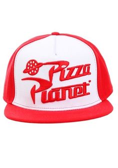 a red and white hat with the word pizza planet written in red letters on it