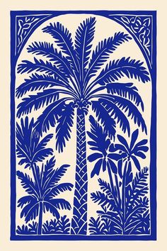 a blue and white drawing of a palm tree