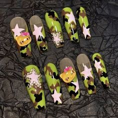 Handmade Hello Kitty French Y2K False Nail Long Coffin Press on Nail Nail Art Army Print Nails, Chinese Nails, Army Nails, Camouflage Nails, Nail Long, Camo Nails, Chinese Prints, Kitty Nails, Army Print