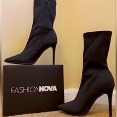 Fashion Nova (Black) Size:11 Stiletto Booties Black High Heel Synthetic Booties, Glamorous Black Ankle-high Heeled Boots, Black Booties With 4-inch Heel And Pointed Toe, Black Ankle-high Synthetic Heeled Boots, Black Pointed Toe Booties With 4-inch Heel, Fashion Nova Shoes, Shoe Brands, New Fashion, Bootie Boots