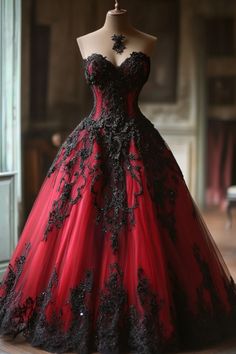 Black And Red Dress Formal Ball Gowns, Masquerade Sweet 16 Ideas Dresses, Red And Black Sweet 16 Dresses, Black And Red Quinceanera Dresses, Red And Black Ball Gown, Masquerade Sweet 16 Ideas, Dark Red Wedding Dress, Red Quince Dress