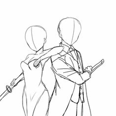 a line drawing of two people in suits and ties, one holding a baseball bat