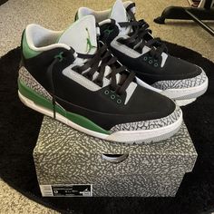 The Air Jordan 3 Pine Green features a black Durabuck upper with signature elephant print overlays and green perforated collars. Hits of Pine Green on the midsole and Jumpman tongue embroidery stand out against their neutral backdrops. From there, a Jumpman heel tab and Air sole adds the finishing touches to this retro design. Like new condition! No wear or tear or scratches/damages Comes with box. Jordan 3 Pine Green, Embroidery Stand, Jordan 3 Retro, Air Jordan 3, Pine Green, Jordan 3, Elephant Print, Retro Design, Air Jordan