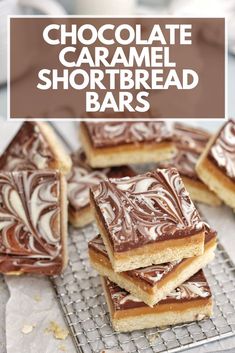 chocolate caramel shortbread bars on a cooling rack with text overlay that reads, chocolate caramel shortbread bars