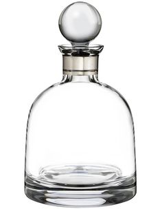 an empty glass bottle with a silver stopper