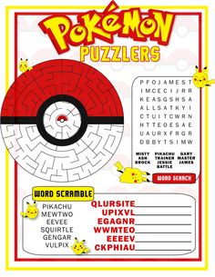 the pokemon puzzler is shown in red and yellow, as well as other words