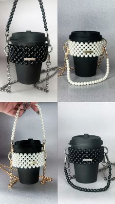 four different pictures of black and white purses with chains attached to the handles, one is