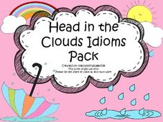 a pink book cover with an umbrella and raindrops on it, reading head in the clouds idioms pack