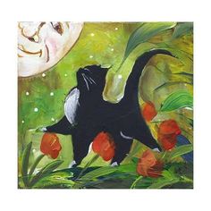 a painting of a black cat with tulips in the foreground