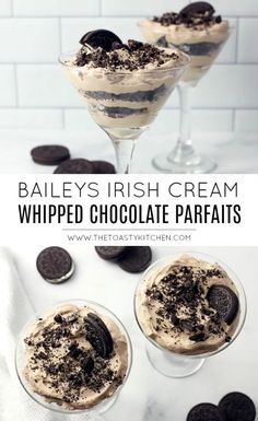 bailey's irish cream whipped chocolate parfaits with oreo cookies on the side