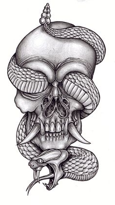 a skull with a snake on it's head and two snakes around its neck