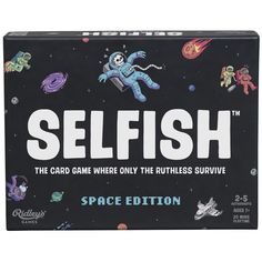 the card game selfish is on display in front of a black box with space images