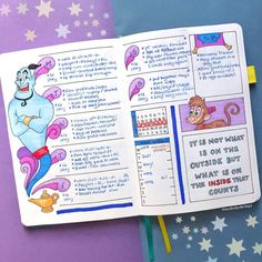 an open notebook with cartoon characters on it and writing in the pages, next to a star - patterned background