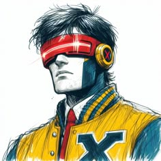 a drawing of a man with headphones on his ears and wearing a yellow jacket