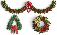 three christmas wreaths with bows and ribbons