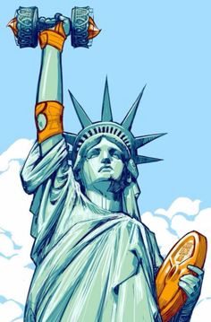 the statue of liberty is holding two dumbs in her right hand and looking up at the sky