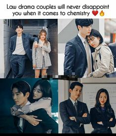 two people in suits and one is hugging the other with text that reads, law drama couples will never disponit you when it comes to chemistry