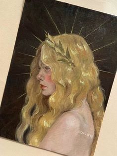 a painting of a woman with long blonde hair and a crown on her head is shown