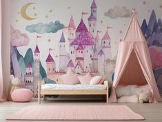 a child's bedroom decorated in pink and purple with princess castle wallpapers