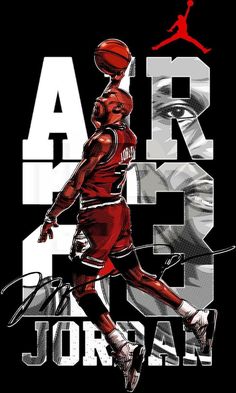 the air jordan poster is featured in red and white with an image of a basketball player