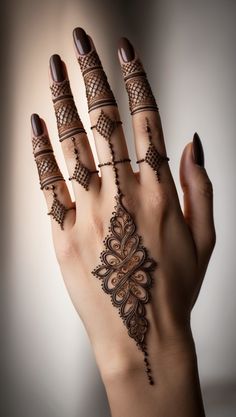 a woman's hand with hennap and rings on her fingers, showing the intricate