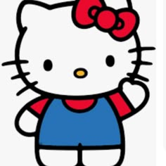 an image of a hello kitty character in blue overalls and a red bow on her head