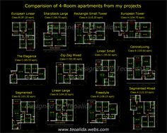 the floor plan for an apartment complex with four rooms and two bathrooms, all in different colors