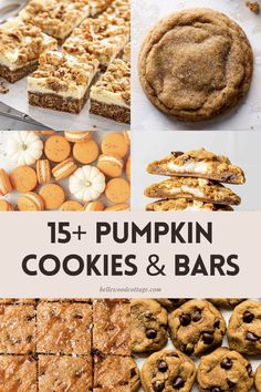 pumpkin cookies and bars with text overlay that reads, 15 + pumpkin cookies and bars