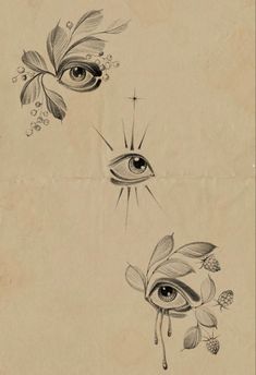 two drawings of an eye, one with leaves and the other with flowers on it