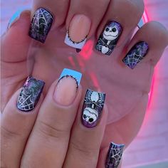 24pcs Halloween Mysterious Fake Nails, Black Smudged Press On Nails With Blue French Tips, Funny Skull Spider Web Glue On Nails Full Cover Medium Square False Nails For Women Nail Art Halloween, Black Ghost, Halloween Press On Nails, French Tip Acrylic Nails, Fake Nails With Glue, Nails Medium, Nails For Women